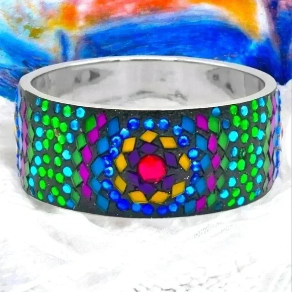 Artisan Handmade One-of-a-Kind Crystals & Rhinestones Mosaic Bangle Bracelet - Picture 1 of 14